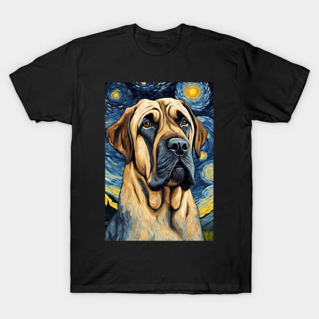 Mastiff Dog Breed Painting in a Van Gogh Starry Night Art Style T-Shirt by Art-Jiyuu